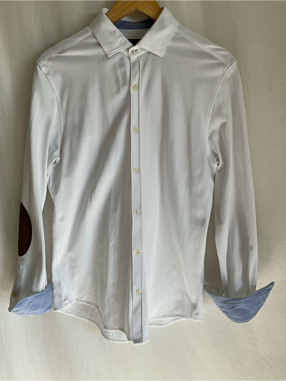 Massimo Dutti White Cotton Shirt Brown Elbow Patches Slim Fit L